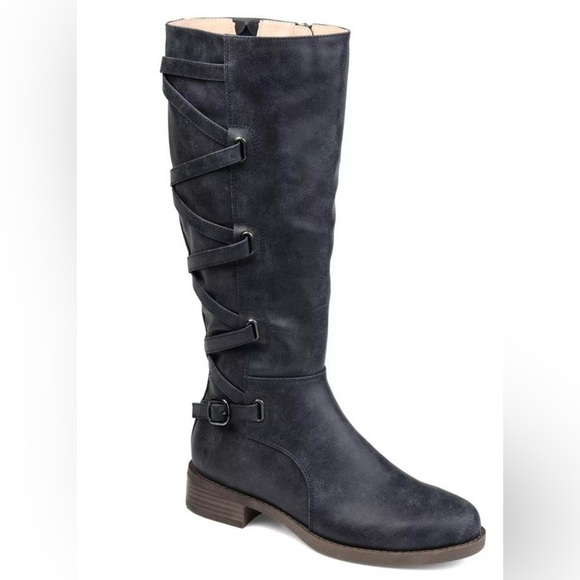Journee Collection Shoes - Journee Collection Womens Carly WideCalf Stacked Heel Riding boots Size 7 navy